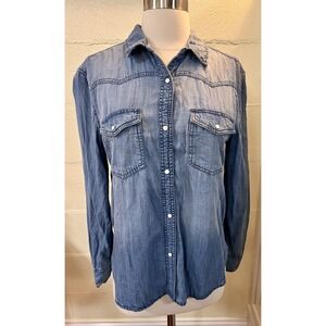 Lola River Shirt Womens X-Small‎ Chambray Denim Pearl Snap Western Button Down